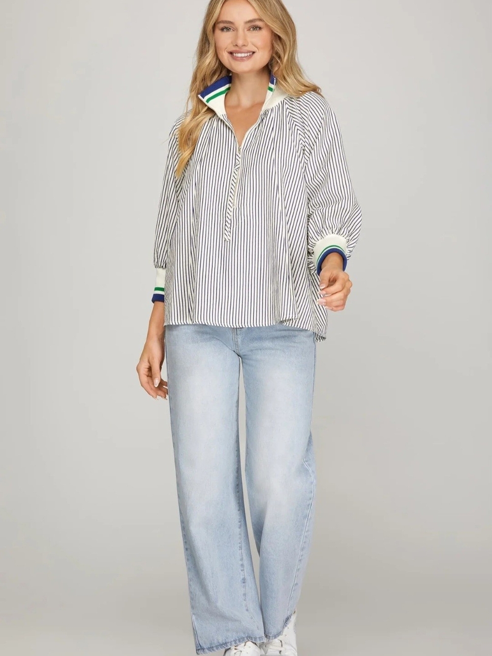 She + Sky Pinstripe Popover Tunic with Blue & Green Trim Size Large NWT